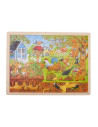 Dřevěné puzzle s 96 dílky, znázorňující zákoutí běžné zahrádky.
