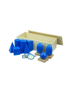 Montessori Geometricka telesa s podstavci a krabici