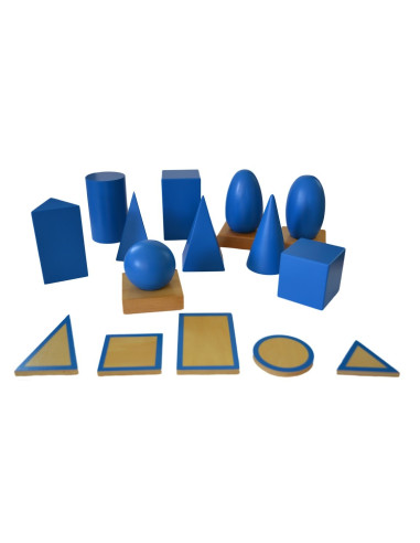 Montessori Geometricka telesa s podstavci a krabici